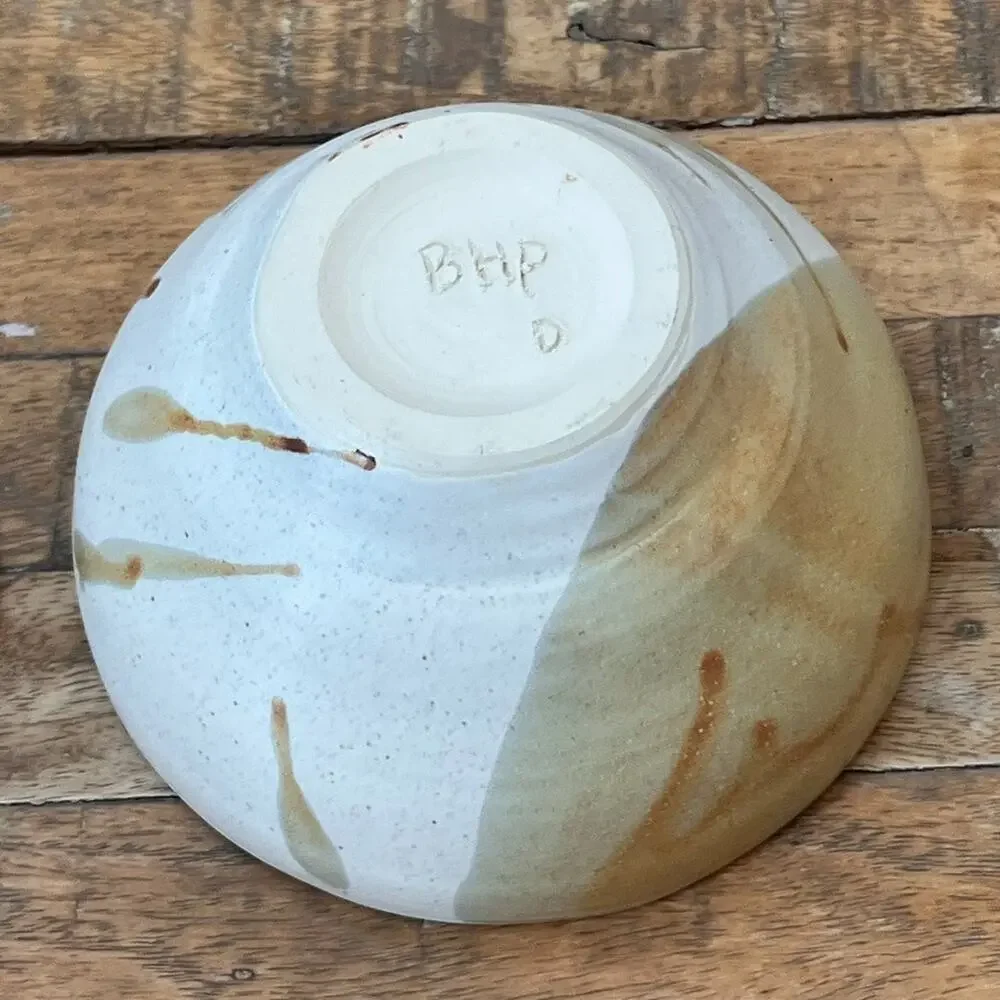 Studio Pottery Ceramic Bowl Beige & Brown Hand Thrown Stoneware Signed By Artist